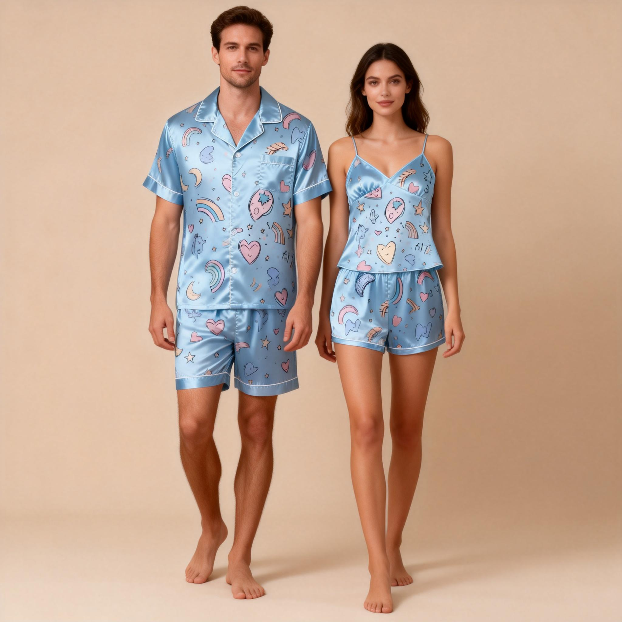 Matching Silky Satin Pajamas for Couples ¨C Short & Sweet Design