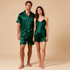 Silky Satin Solid Sleep Set for Couples-Dark Green
