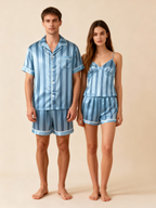 Silky Classic Striped Printed Couple Sleepwear ¨C Oecan Satin Short Pajama Set