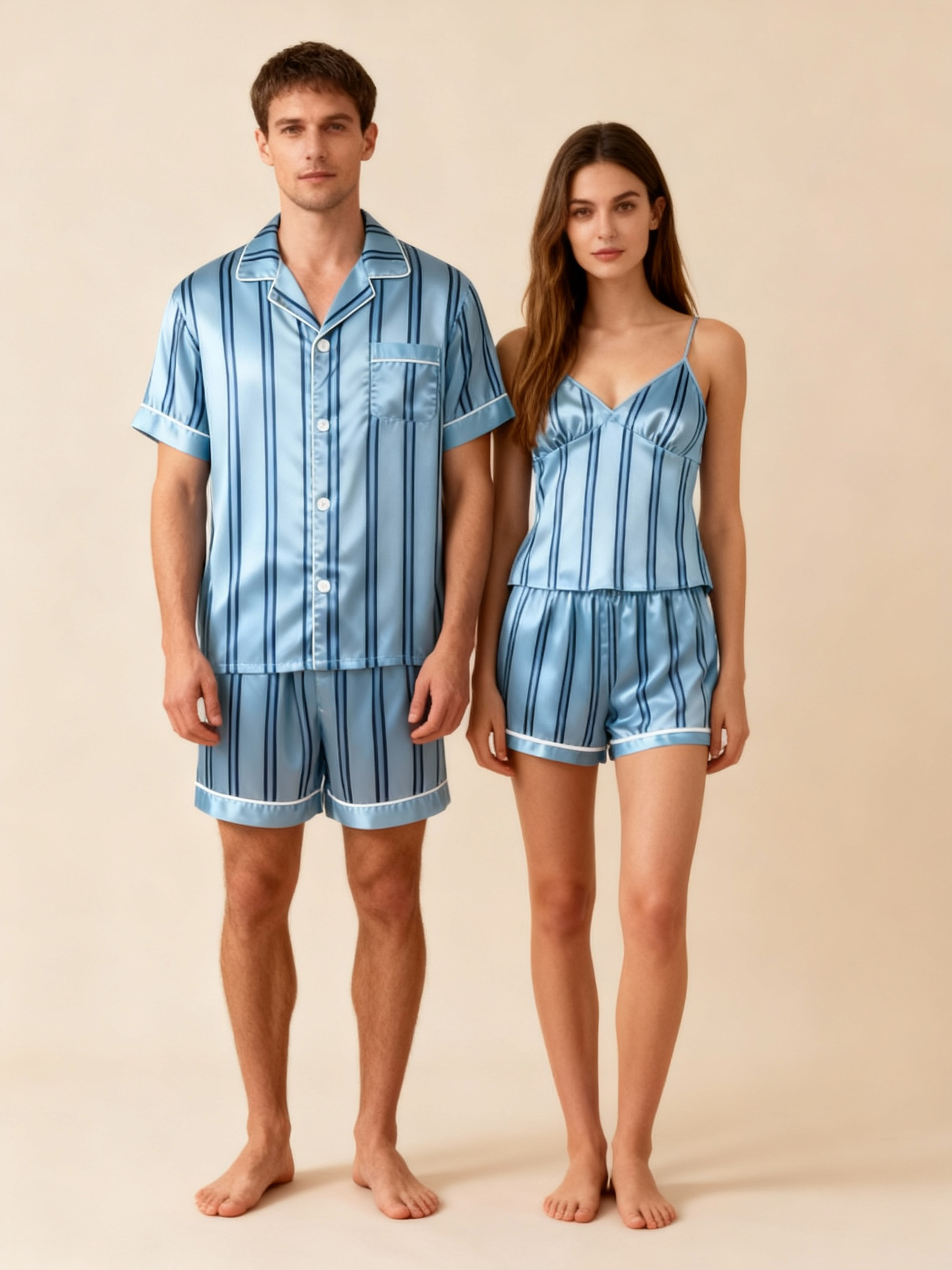 Silky Classic Striped Printed Couple Sleepwear ¨C Oecan Satin Short Pajama Set