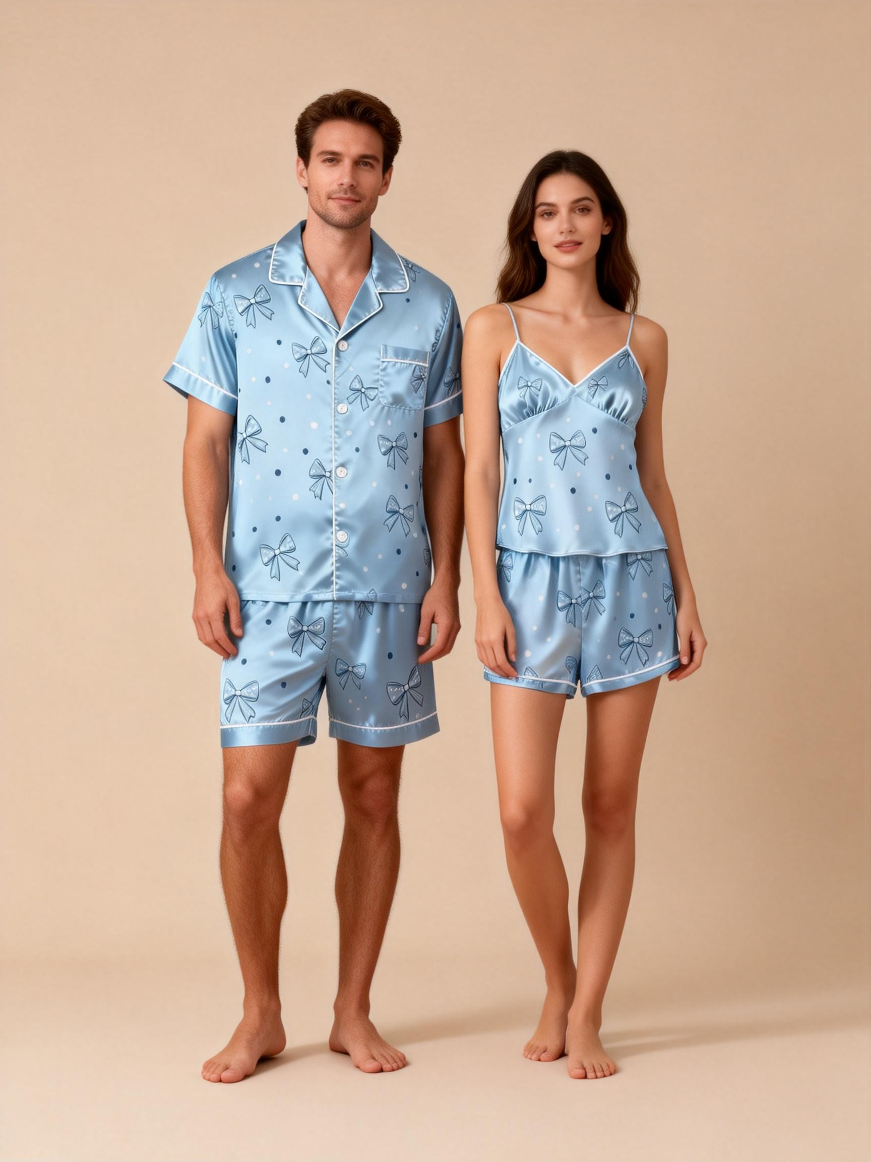 Glossy Satin Pajamas Set for Him and Her