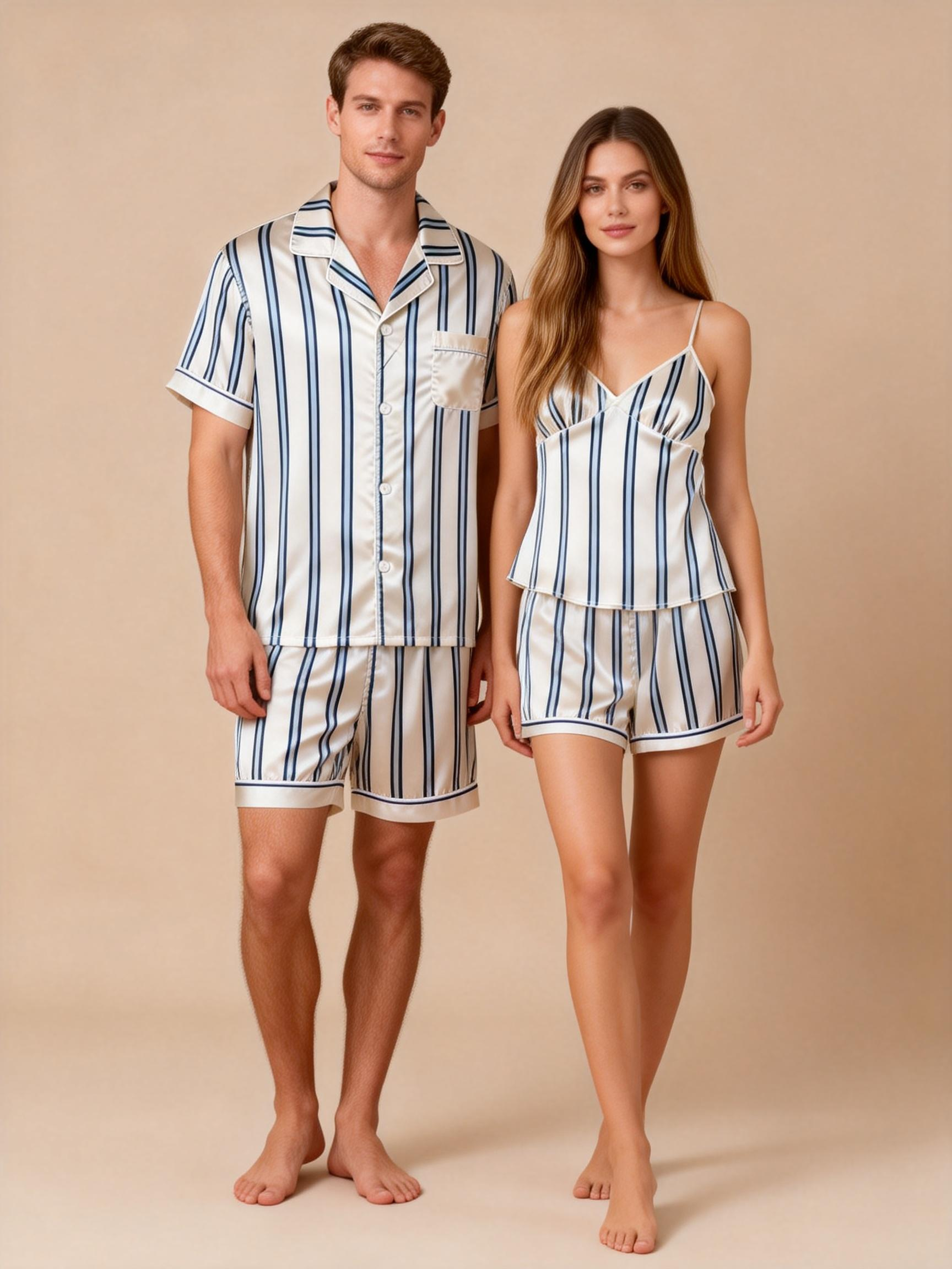 Silky Classic Striped Printed Couple Sleepwear ¨C Satin Short Pajama Set