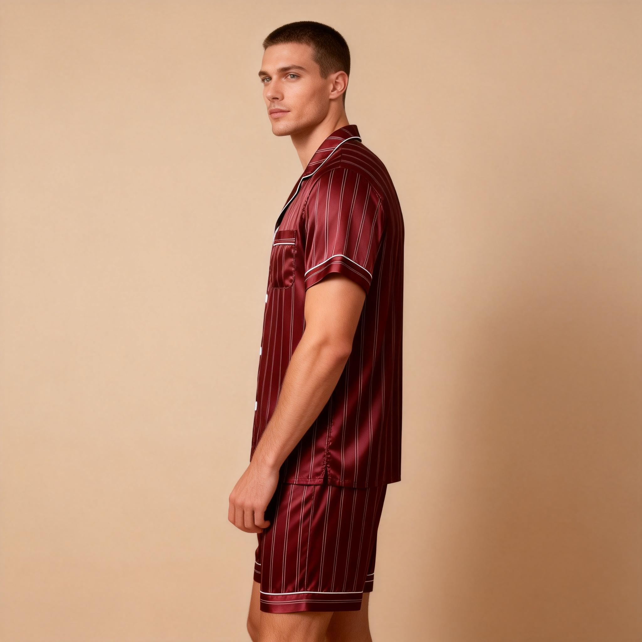 Silky Satin Striped Printed Sleep Set for Men-Purple