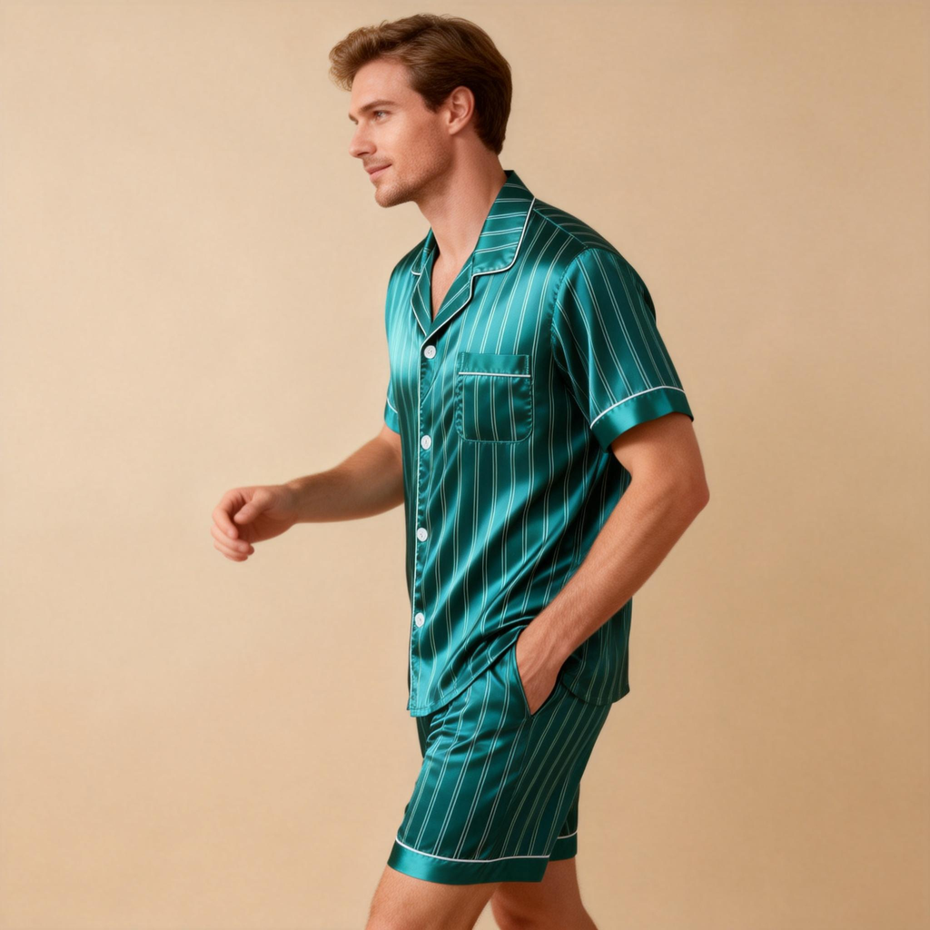 Silky Satin Striped Printed Sleep Set for Men-Royal