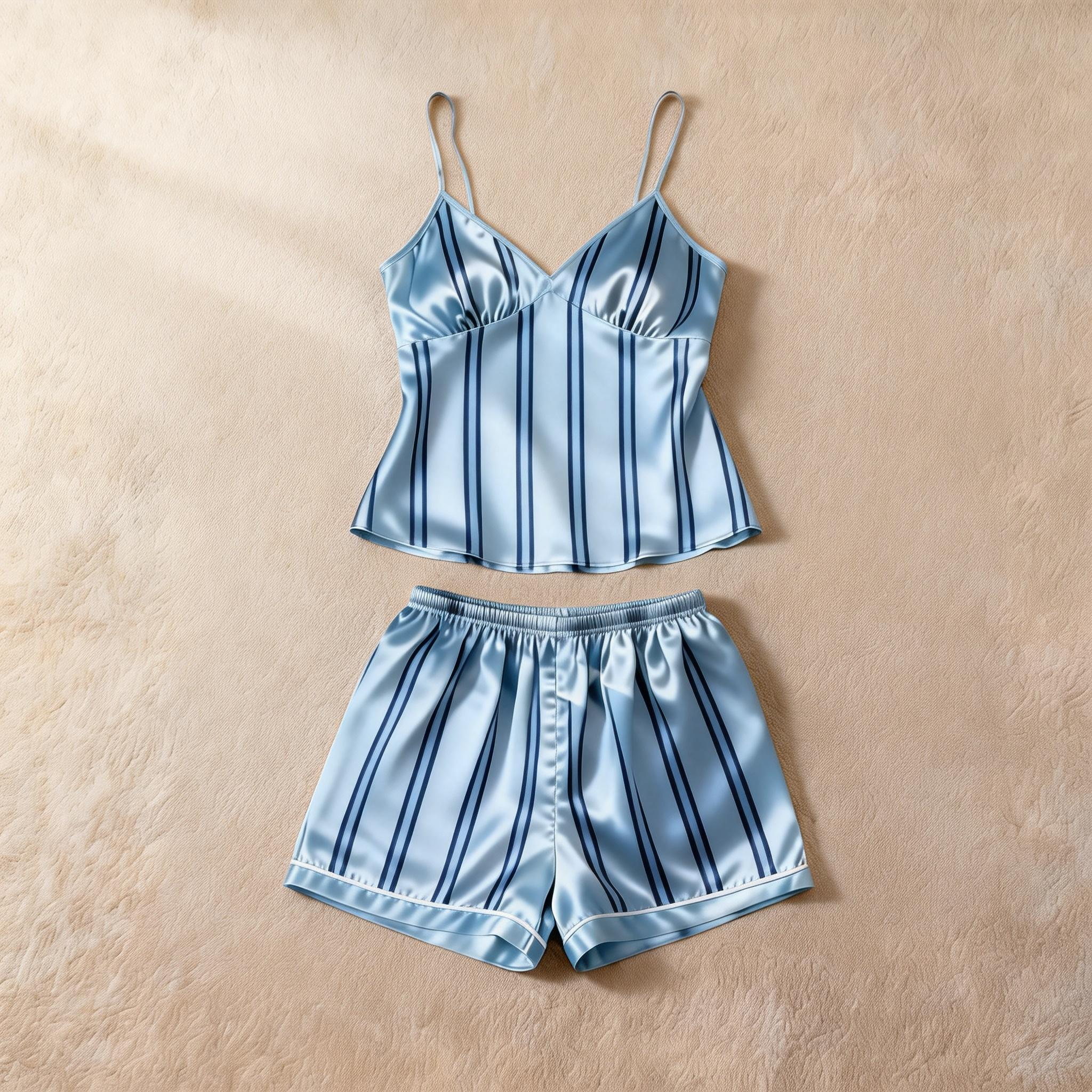 Silky Classic Striped Printed Satin Short Pajama Set-Navy