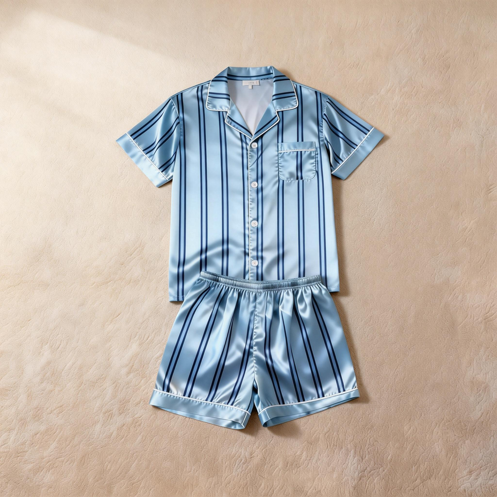 Silky Classic Striped Printed Satin Short Pajama Set-Navy