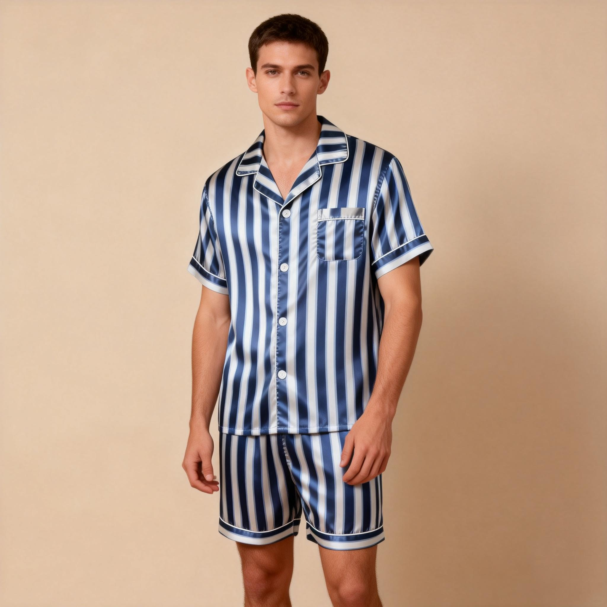 Silky Classic Striped Printed Satin Short Pajama Set-Navy