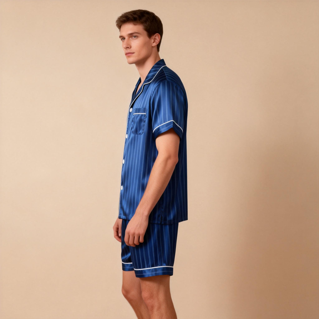 Silky Satin Striped Printed Sleep Set for Men-Dark Green
