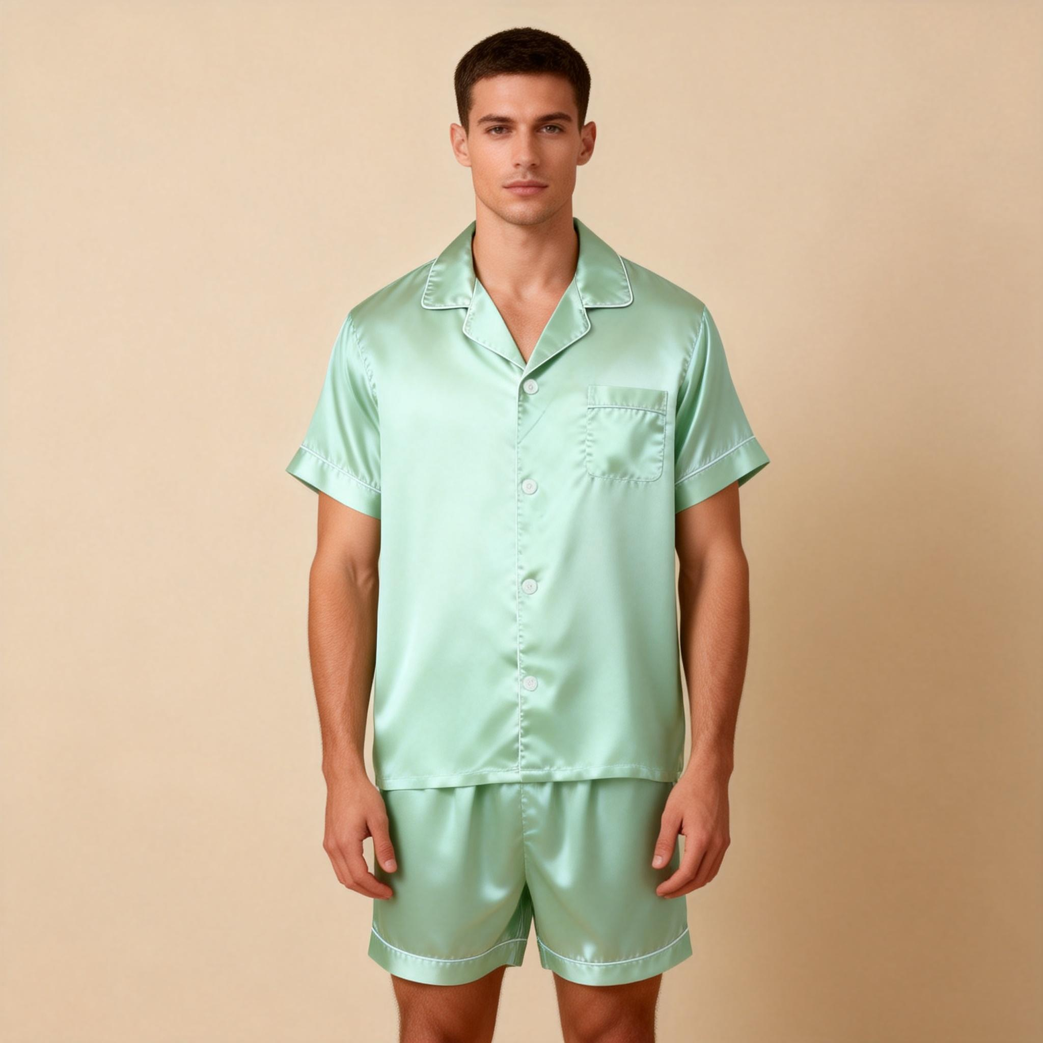 Silky Satin Solid Sleep Set for Men-Teal