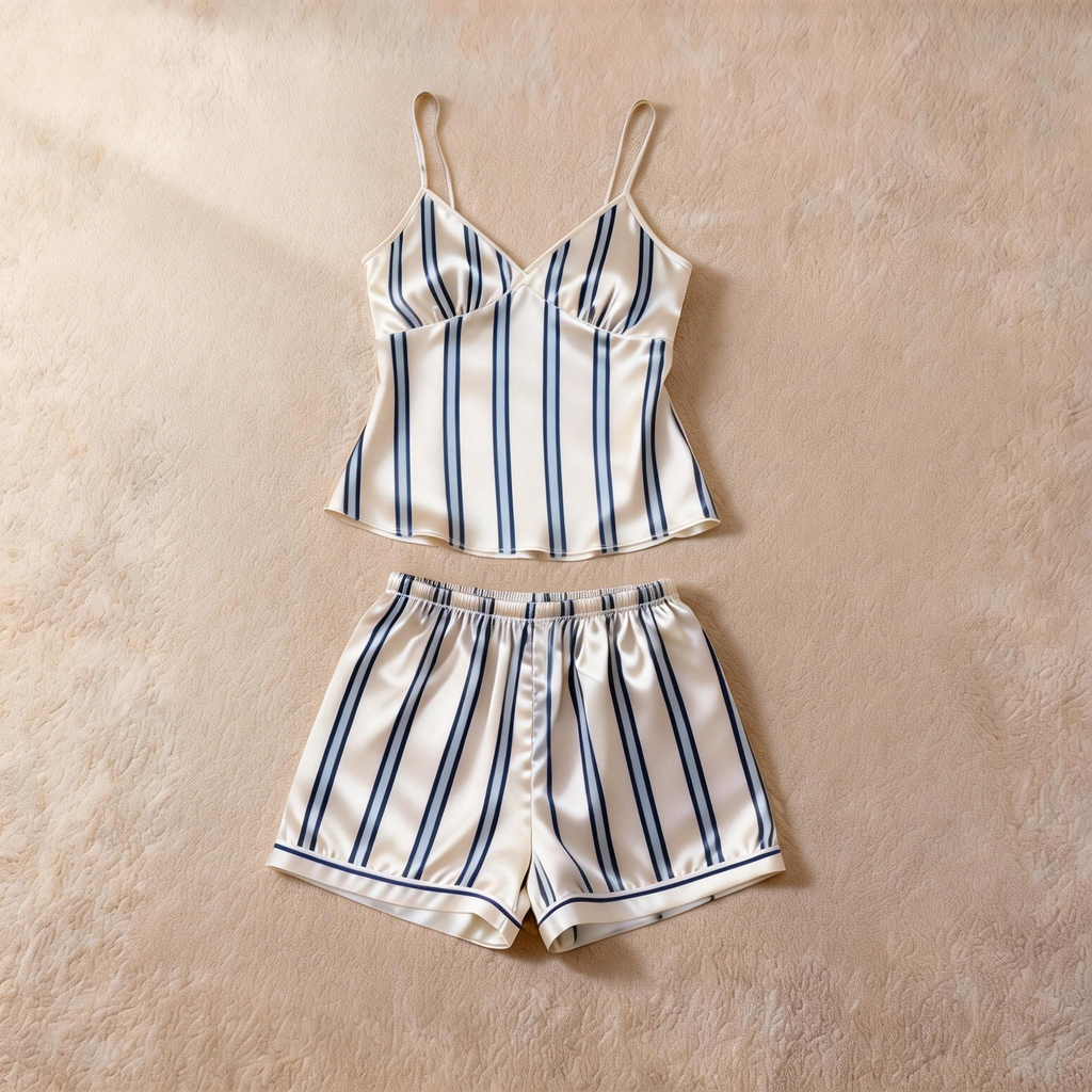 Silky Classic Striped Printed Satin Short Pajama Set-Navy