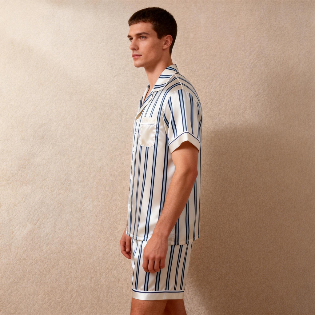 Silky Classic Striped Printed Men Sleepwear Satin Short Pajama Set