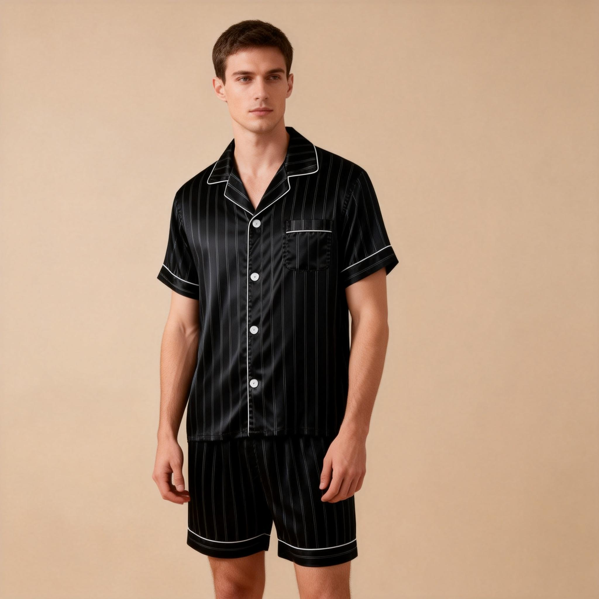 Silky Satin Striped Printed Sleep Set for Men-Dark Green