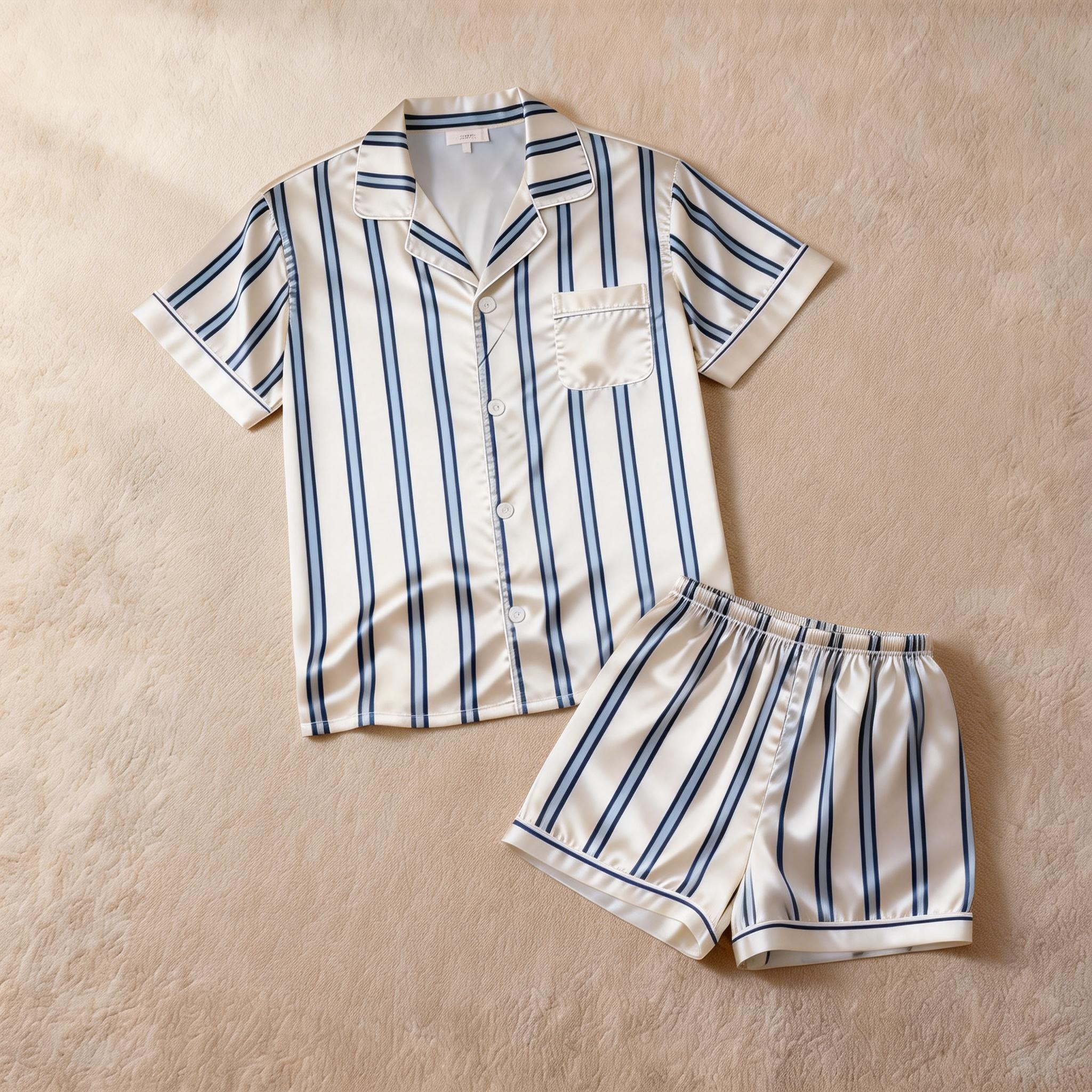 Silky Classic Striped Printed Satin Short Pajama Set-Beige