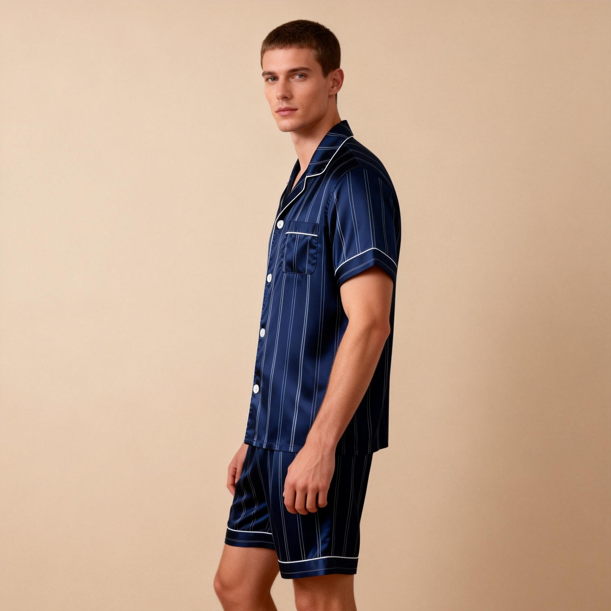 Silky Satin Striped Printed Sleep Set for Men-Dark Green