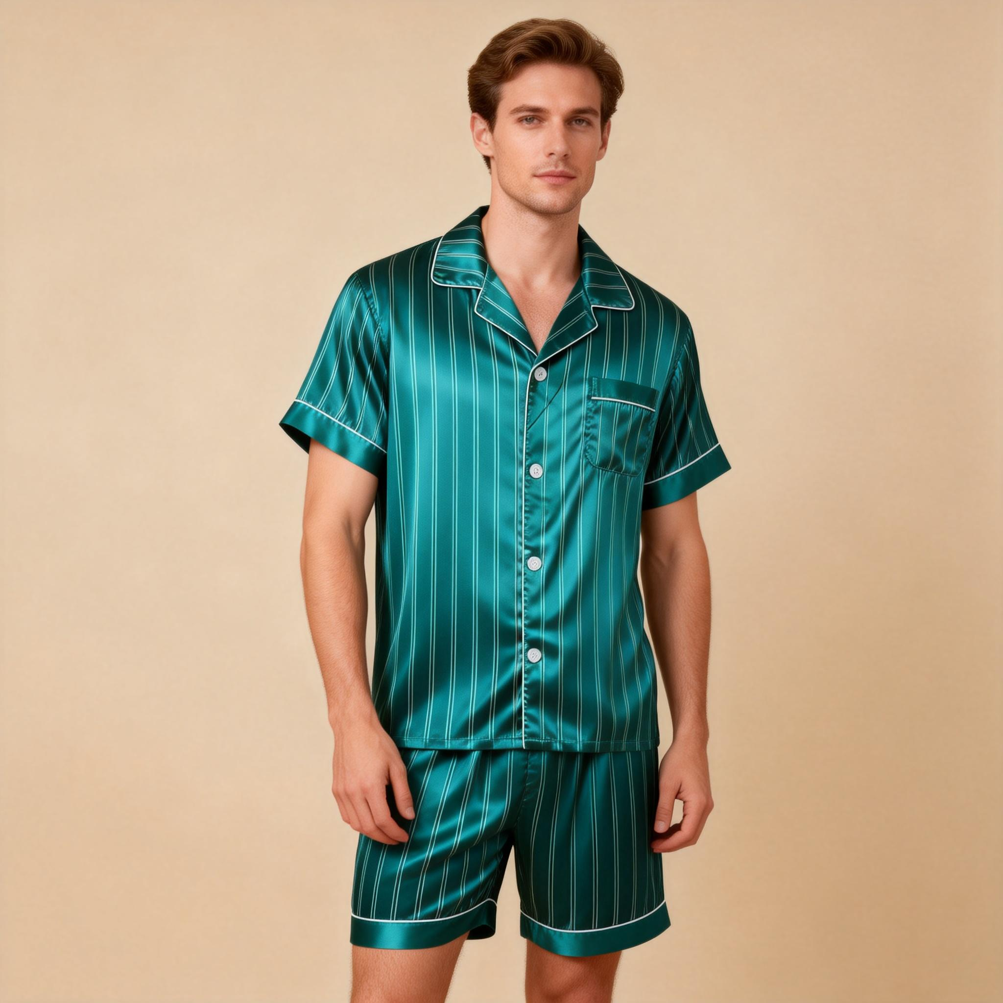 Silky Satin Striped Printed Sleep Set for Men-Purple
