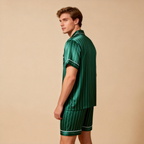 Silky Satin Striped Printed Sleep Set for Men-Dark Green
