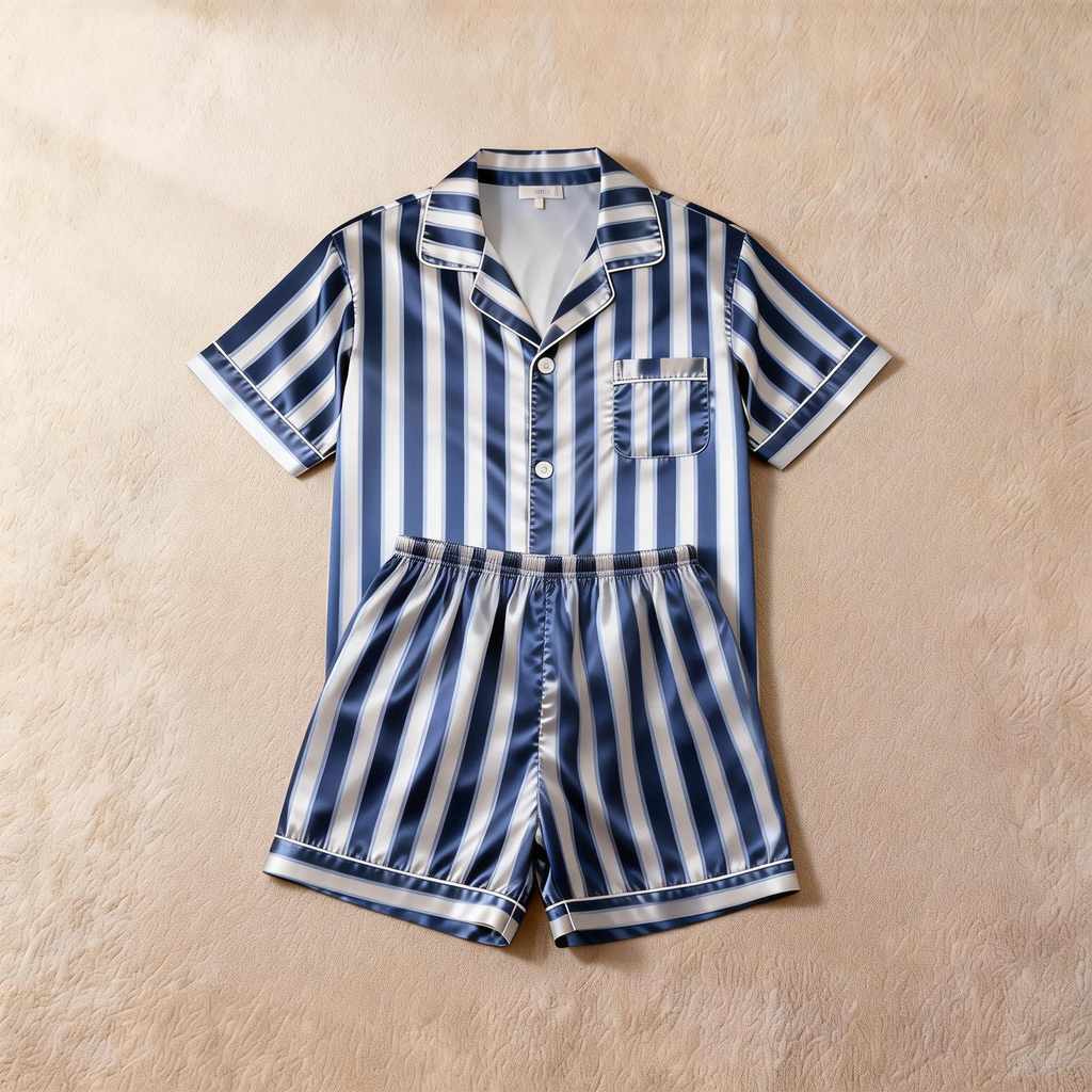 Silky Classic Striped Printed Men Sleepwear Satin Short Pajama Set