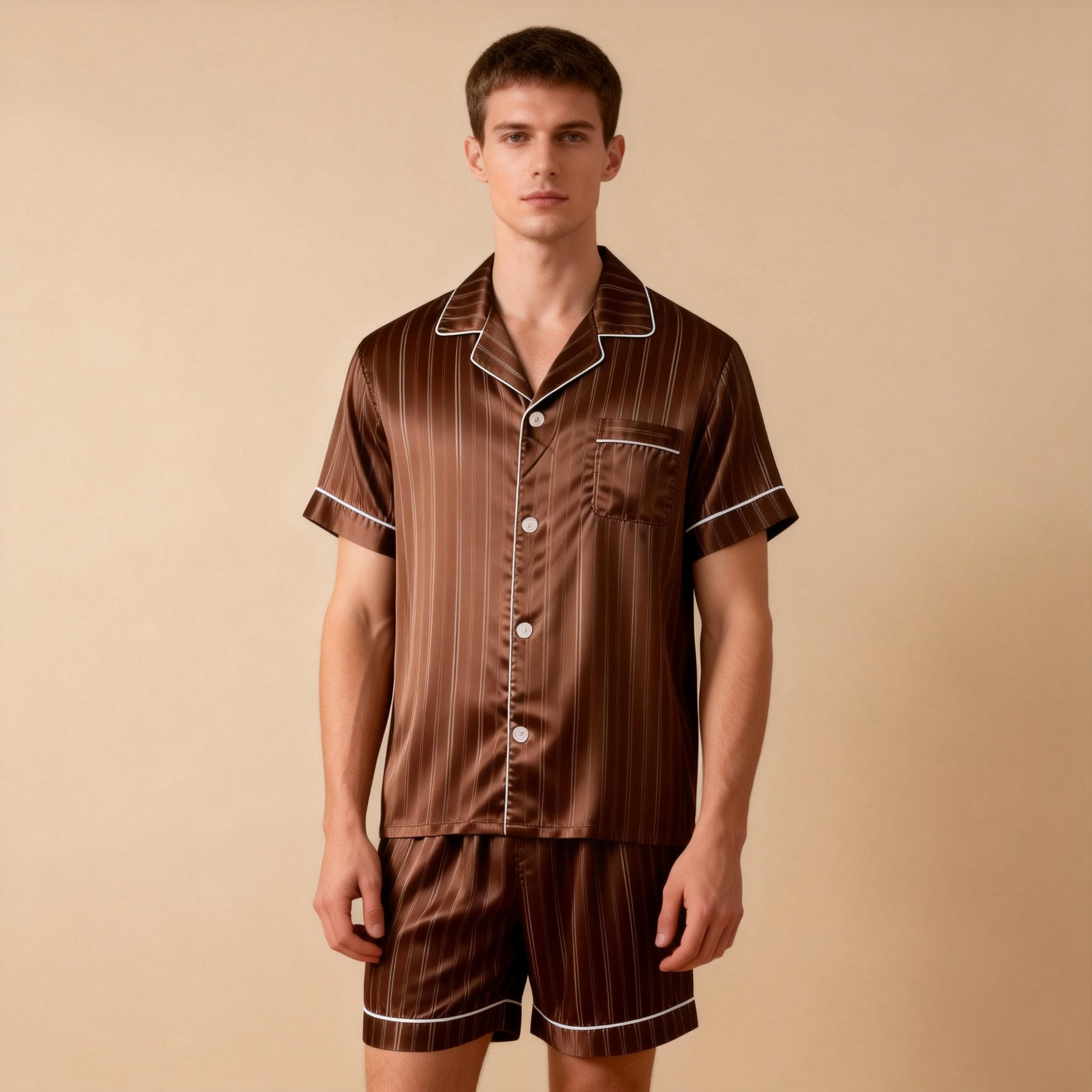 Silky Satin Striped Printed Sleep Set for Men-Dark Green
