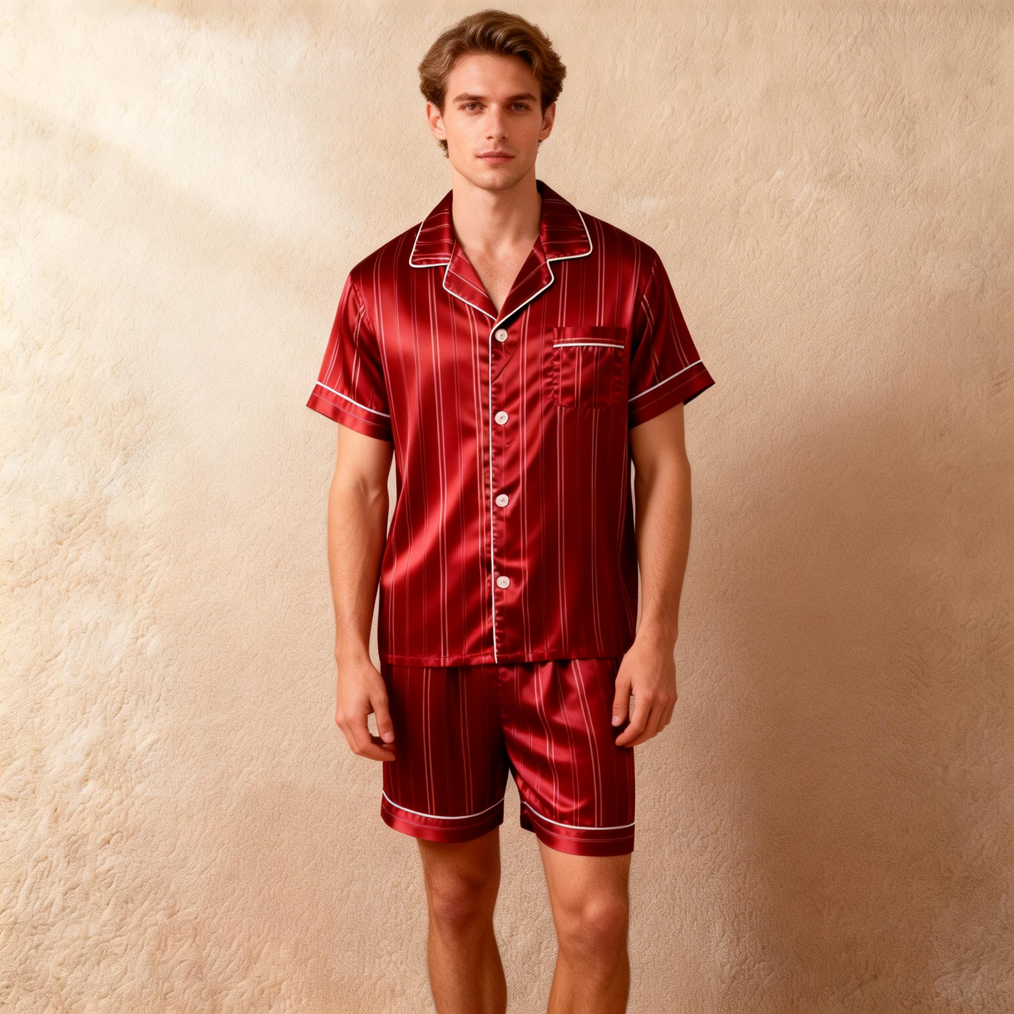 Silky Satin Striped Printed Sleep Set for Men-Purple