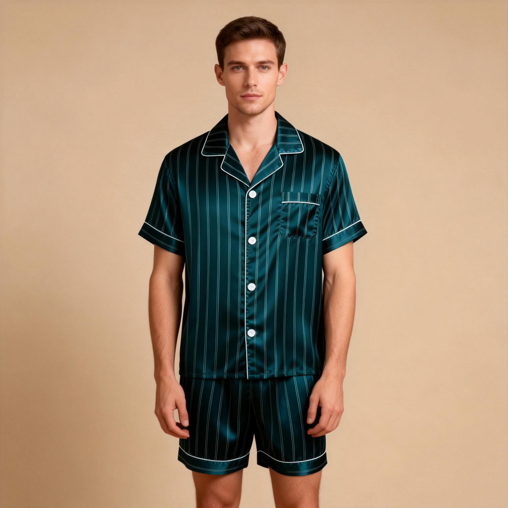 Silky Satin Striped Printed Sleep Set for Men-Purple