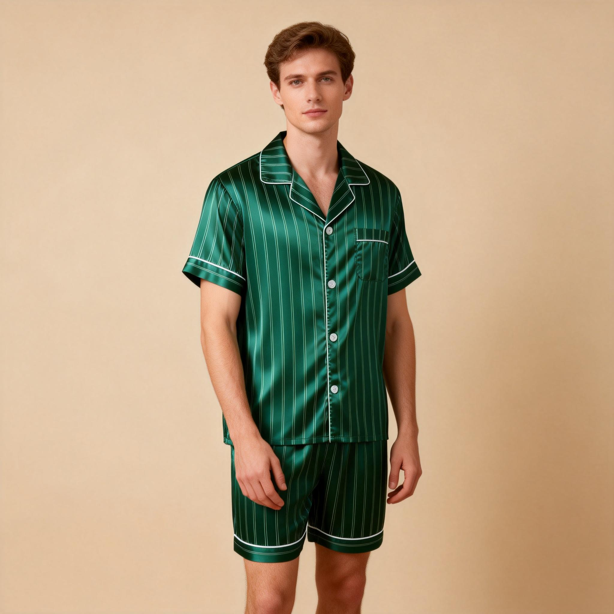Silky Satin Striped Printed Sleep Set for Men-Purple