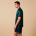 Silky Satin Striped Printed Sleep Set for Men-Dark Green