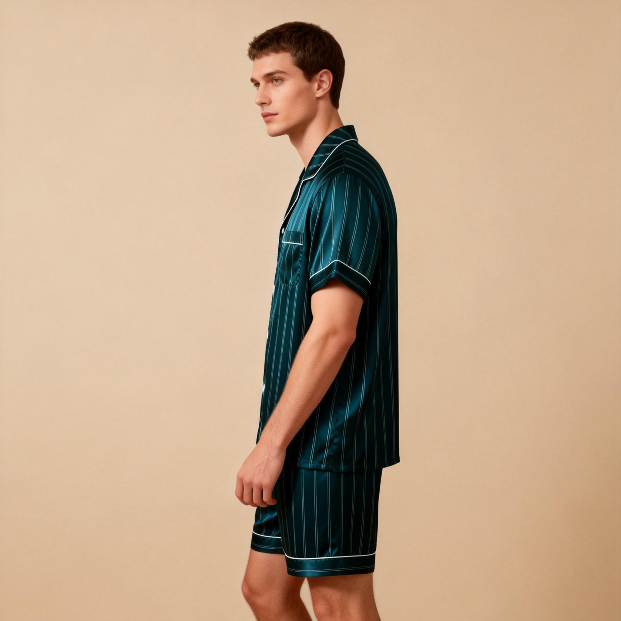 Silky Satin Striped Printed Sleep Set for Men-Royal