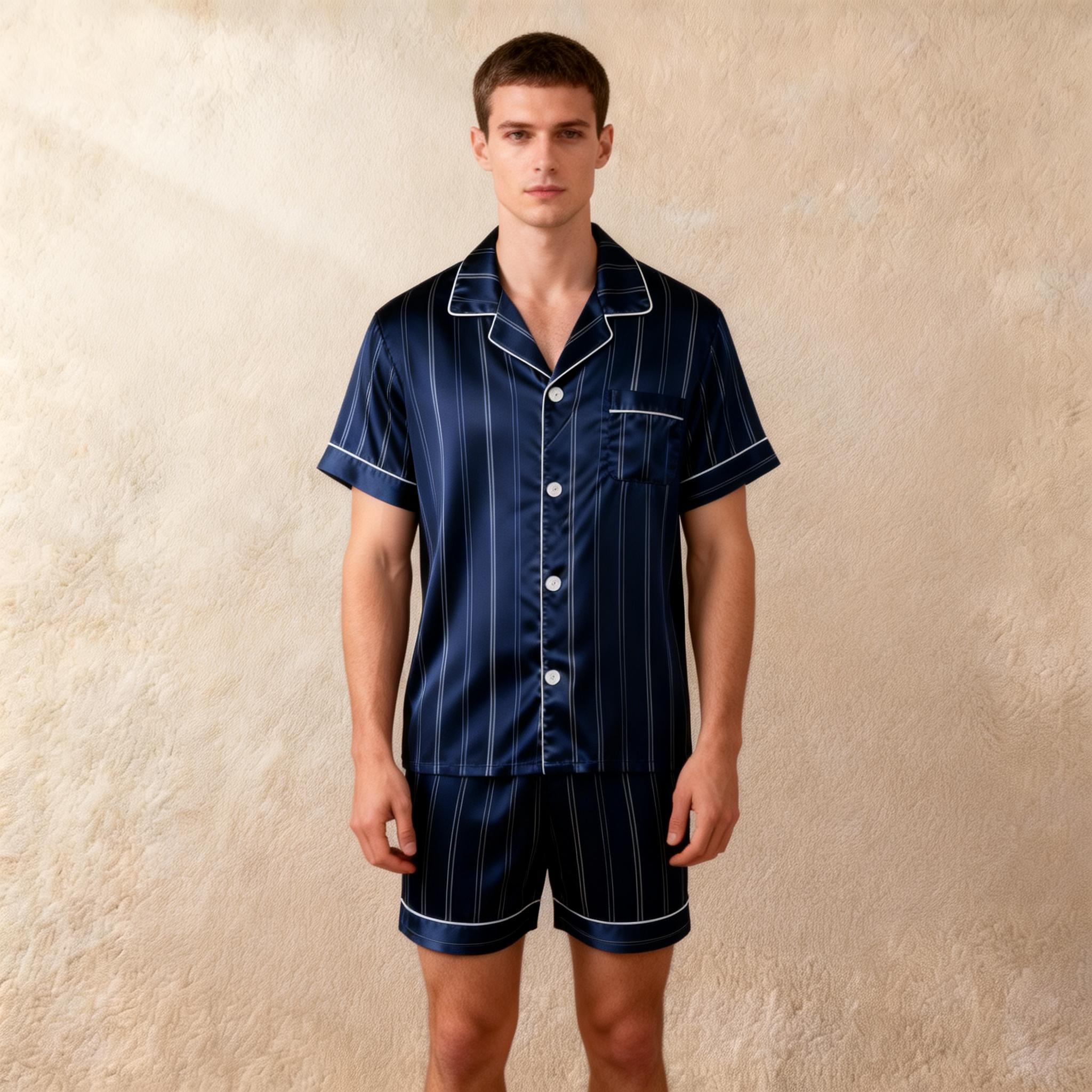 Silky Satin Striped Printed Sleep Set for Men-Royal