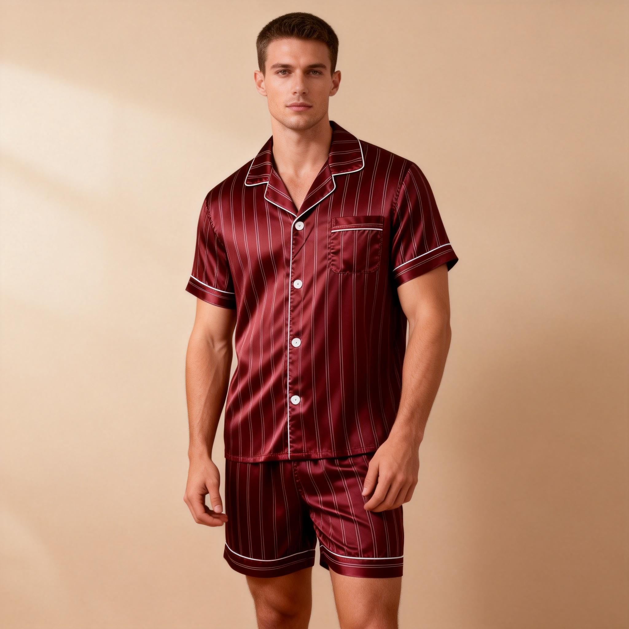 Silky Satin Striped Printed Sleep Set for Men-Dark Green