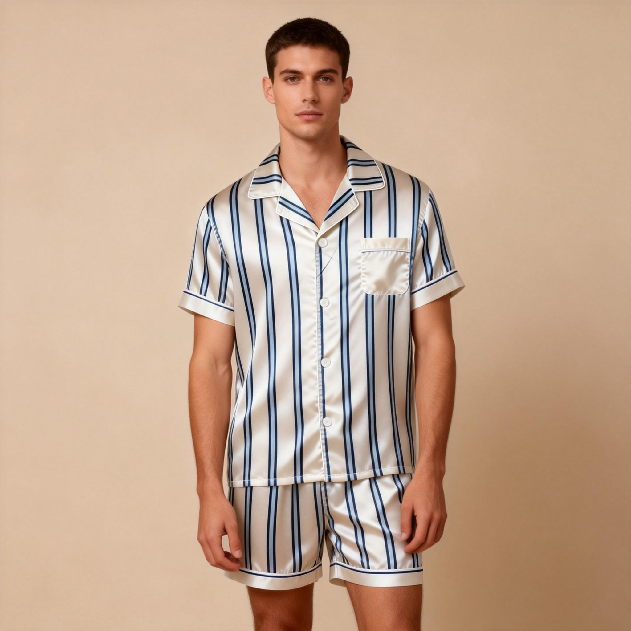 Silky Classic Striped Printed Satin Short Pajama Set-Beige