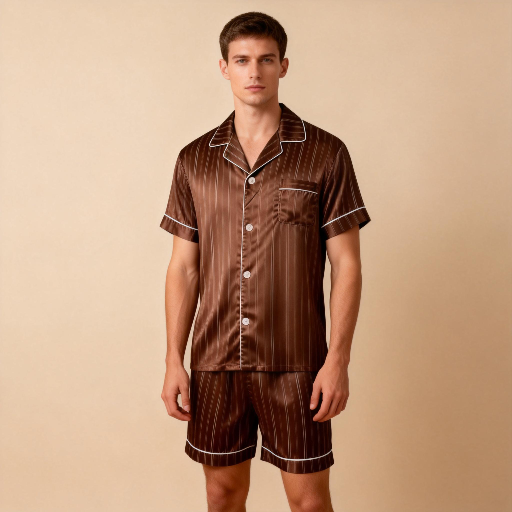 Silky Satin Striped Printed Sleep Set for Men-Dark Green