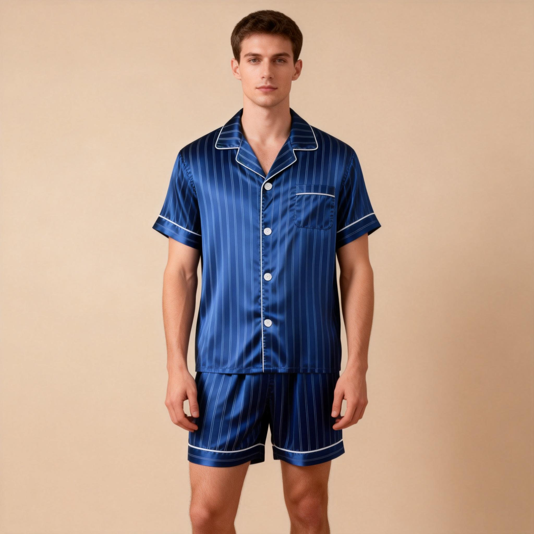 Silky Satin Striped Printed Sleep Set for Men-Purple