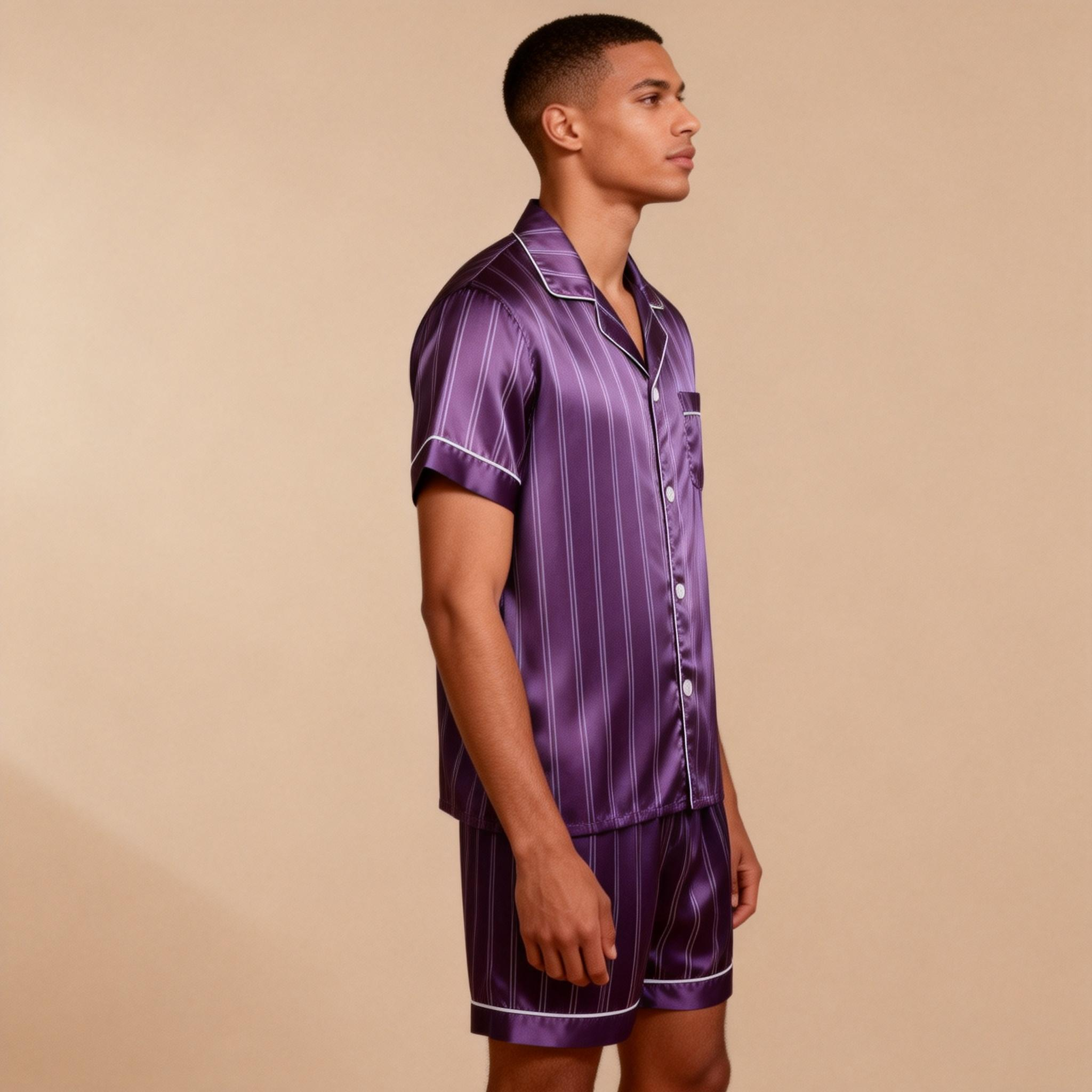 Silky Satin Striped Printed Sleep Set for Men-Royal