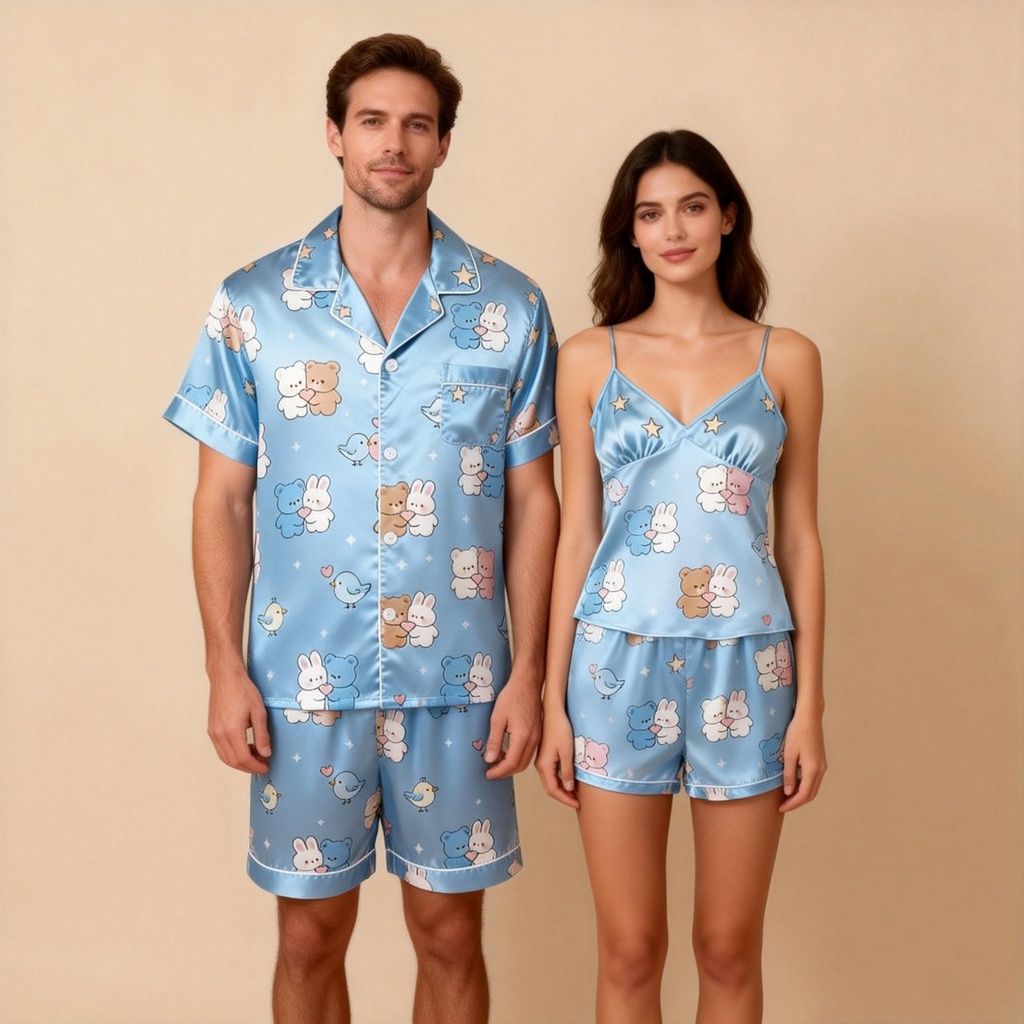 Classic Design Couple Pajamas in Satin Material