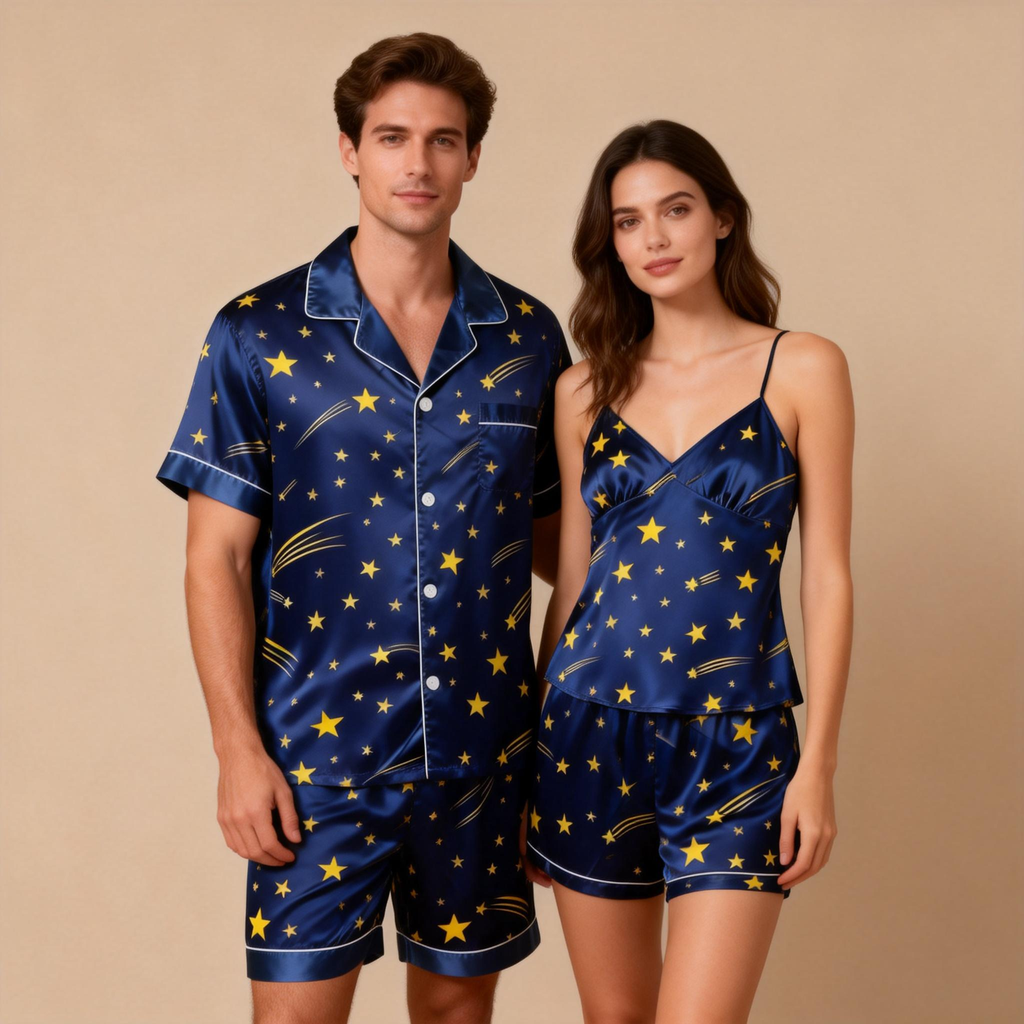 Elegant Couple Sleepwear: Satin Short Pajama Set