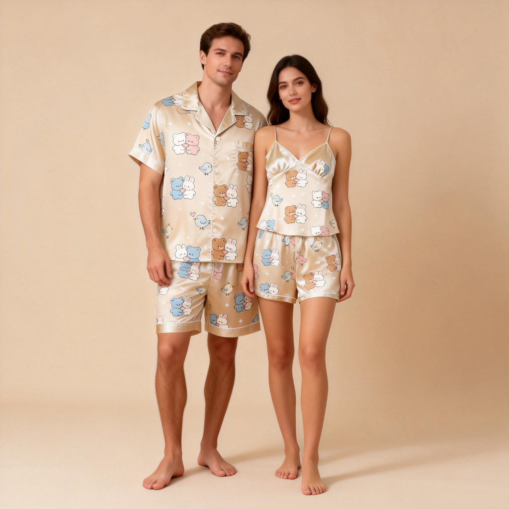Premium Satin Fabric Couple Pajamas Short Set