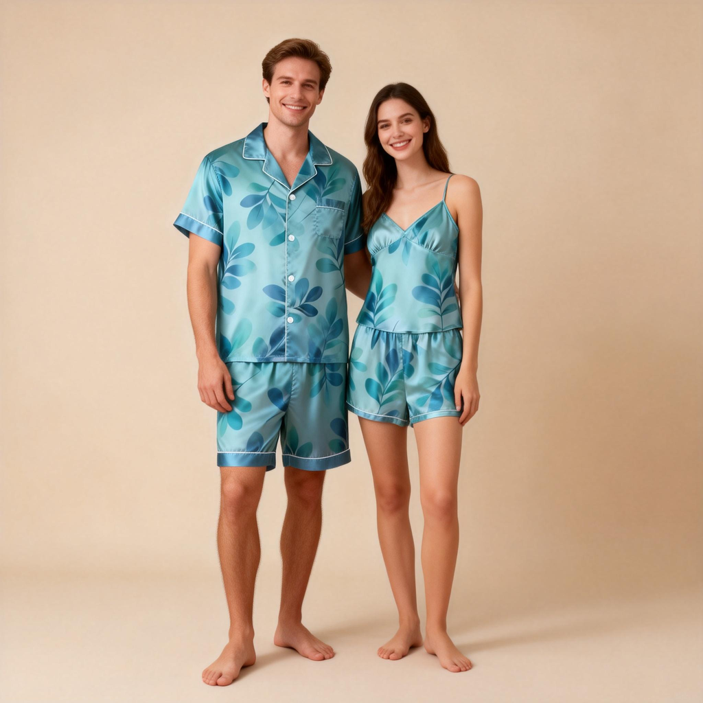 Couple Classic Floral Satin Pajamas Short Set