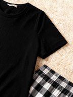 She Is Strong PROVERBS 31:25 Text Printed Black Short Sleeve and Black&White Plaid Pants Family Matching Pajamas Set