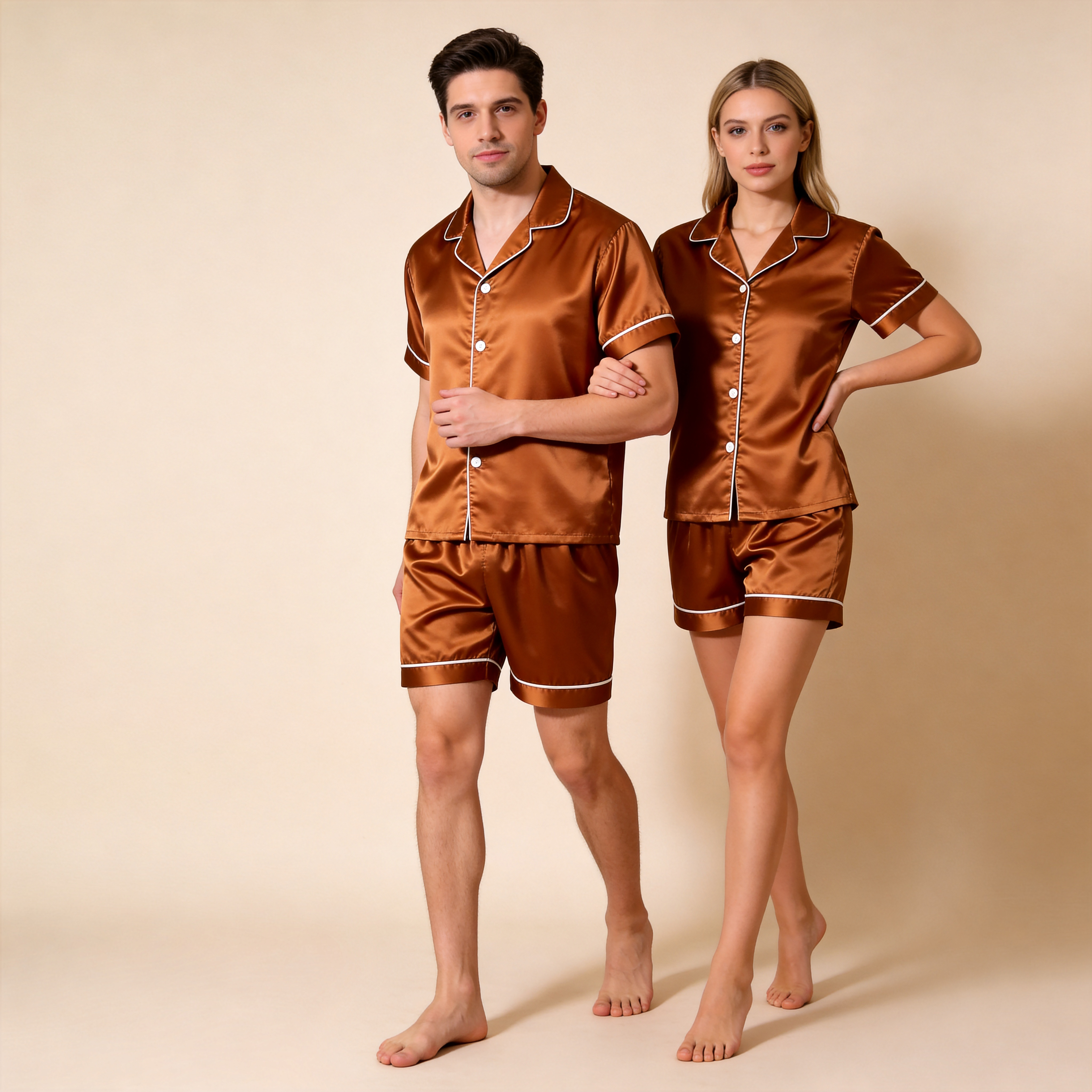 Silky Classic Solid Couple Sleepwear ¨C Satin Short Sleeve Pajama Set