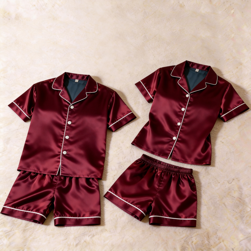 Silky Classic Solid Couple Sleepwear ¨C Satin Short Sleeve Pajama Set