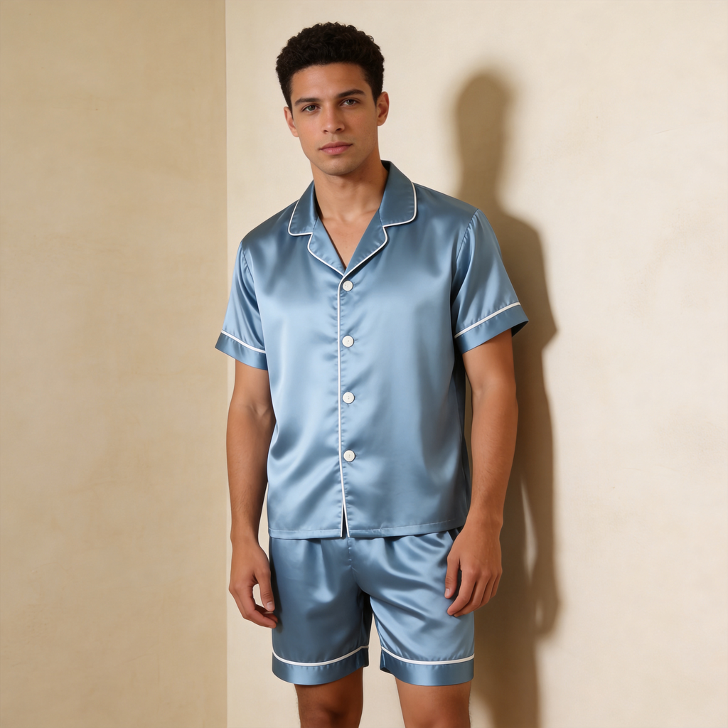 Silky Classic Solid Couple Sleepwear ¨C Satin Short Sleeve Pajama Set