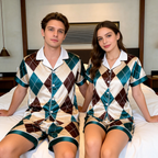 Green & Brown Plaid Print Satin Short Sleeve Couple Pajamas for Summer