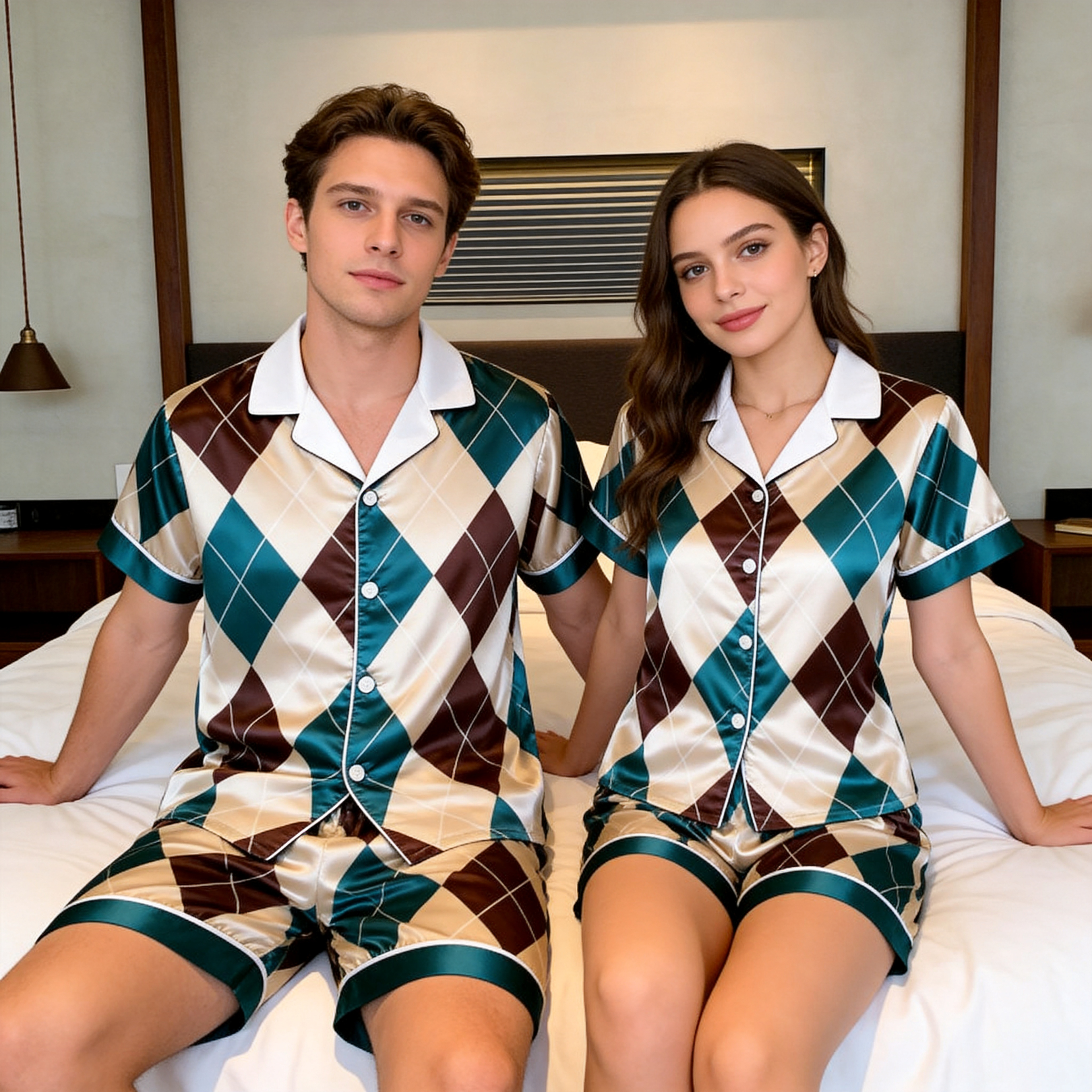 Green & Brown Plaid Print Satin Short Sleeve Couple Pajamas for Summer