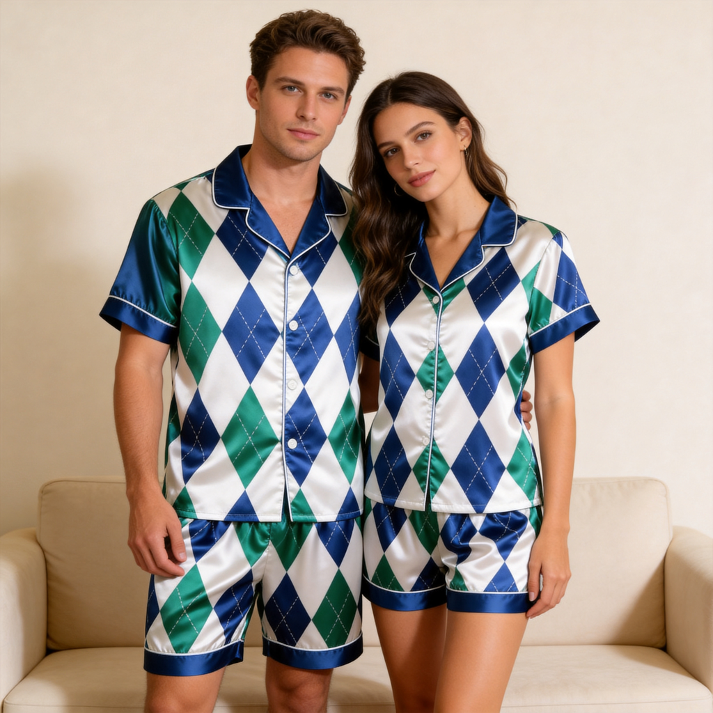 Green & Blue Plaid Design Satin Solid Sleepwear ¨C Understated Luxury Couple Set