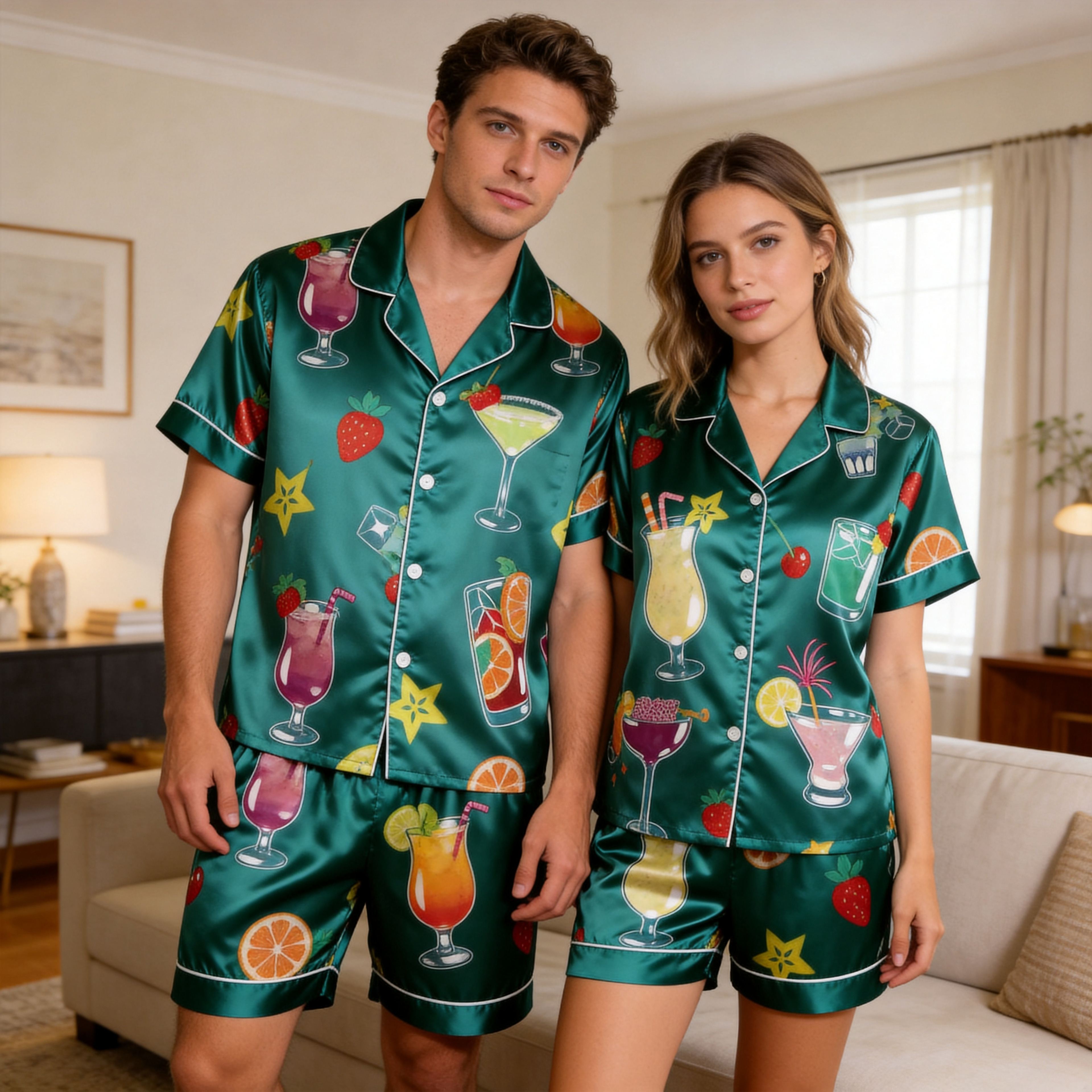 Silky Satin Juice Print Pajama Set ¨C Playful Couple Sleepwear