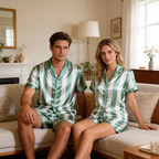 Light Green Striped Design Satin Solid Sleepwear ¨C Understated Luxury Couple Set
