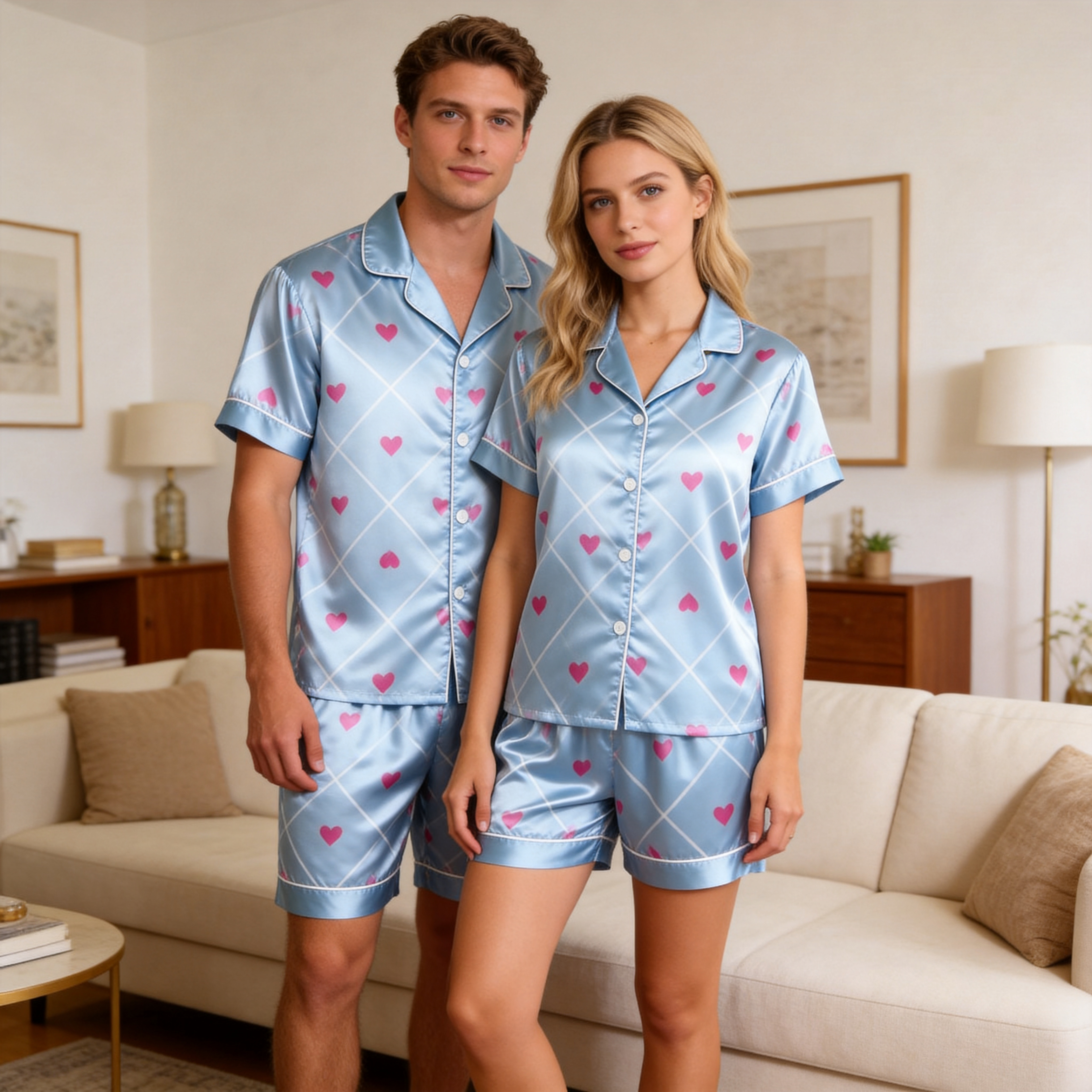 Satin Print Light Blue Pajama Set ¨C Unique Couple Sleepwear