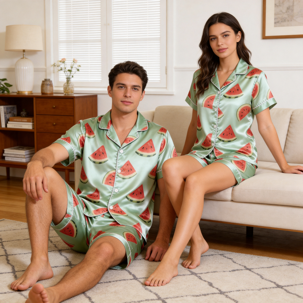 Smooth Satin Fruits Design Sleepwear ¨C Casual Couple Pajamas