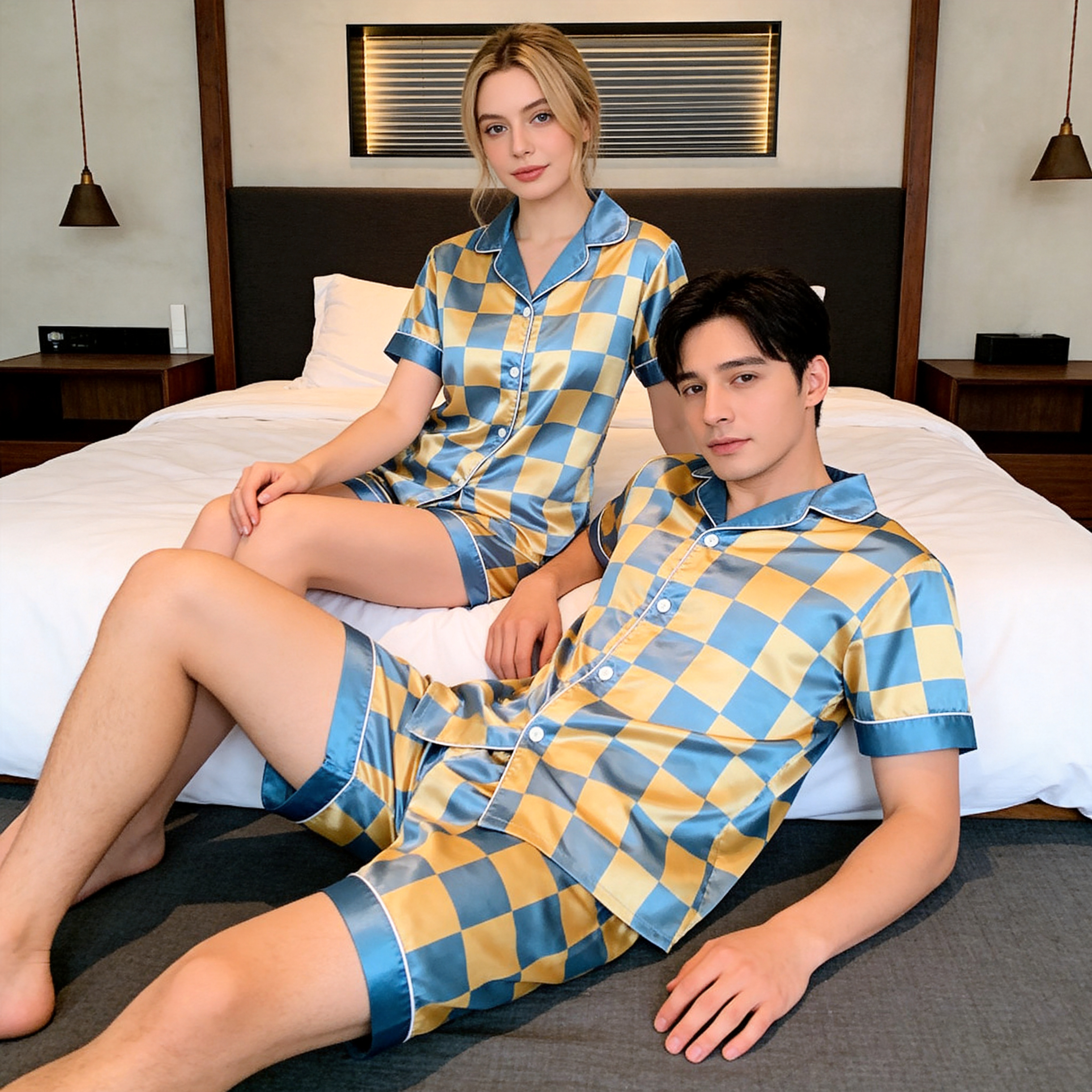 Classic Satin Plaid Pattern Short Sleeve Couple Pajamas for Summer