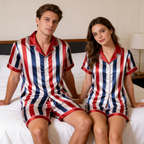 Striped Design Satin Short Sleeve Couple Pajamas for Summer